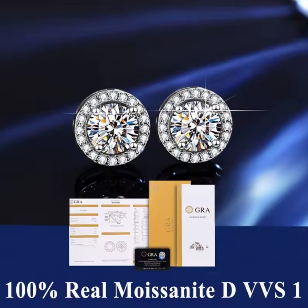 Certified Moissonite Diamond HALO STUD EARRINGD 18K WGP 925 Silver Stud Earrings
